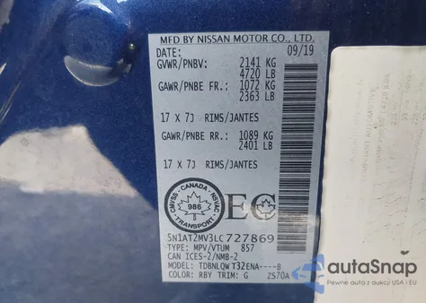 2020 Nissan Rogue S Intelligent Awd/Sl Intelligent Awd/Sv Intelligent Awd из США, поврежденный, VIN 5N1AT2MV3LC727869